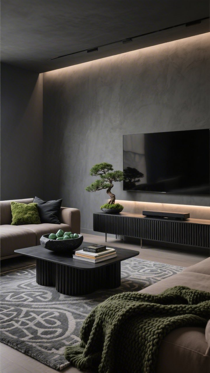 Wide, moody media room with subtle ambient glow: graphite walls; low taupe sectional styled with moss and charcoal pillows; black fluted media console floating under the TV; linear LED backlight casting ambient drama; coffee table vignette with a stack of art books, a black stone bowl filled with polished green stones, and a small bonsai as sculptural greenery; chunky knit throw in dark olive draped casually; tone-on-tone gray rug with a subtle Celtic-knot-inspired pattern, barely visible. Palette: graphite, taupe, black, moss, olive. Materials: fluted wood, stone, wool, soft knits. Photorealistic, polished and cozy.