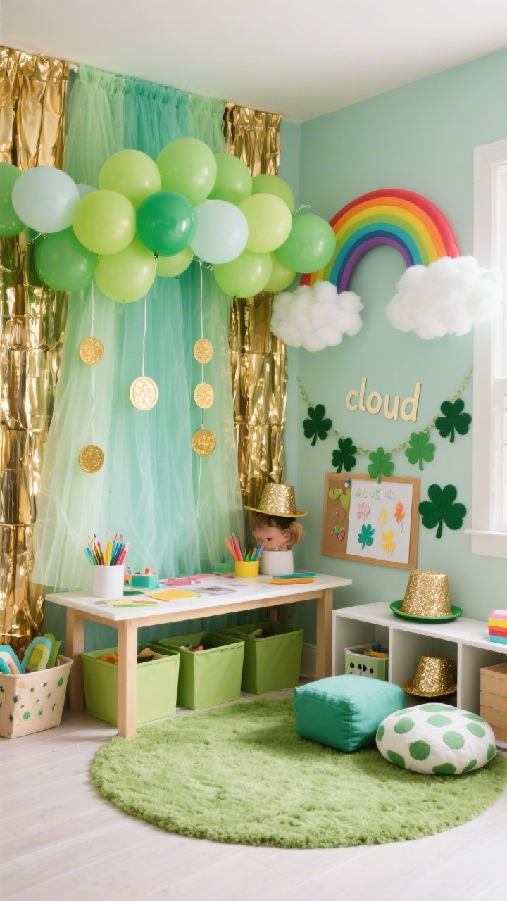 Wide, playful photorealistic shot of a Kids’ Craft Corner: low kid-height craft table with rainbow storage bins underneath, soft green area rug defining the zone, cube shelves and floor cushions nearby. Photo wall with shimmering gold foil curtains and swagged layers of lime and mint tulle forming a whimsical canopy. A cheerful balloon rainbow arches from table to wall: white “cloud” clusters transitioning through green ombré from pale to deep. Paper gold coin cutouts on strings peek from the tulle. Felt shamrock garlands and a magnetic board for art, glittery hats in a photo prop bin. Bright, even daylight for a joyful, colorful atmosphere; palette mint, lime, kelly green, white, gold.