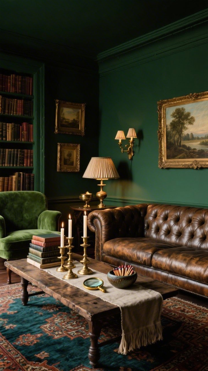 Wide room shot, Old-World Library Lounge: deep forest green matte walls with a ceiling one shade darker; worn leather chesterfield and a tufted velvet armchair in bottle green; reclaimed wood coffee table with a fringed runner; mixed-height candles in vintage brass candlesticks; stack of linen-bound classics, a brass magnifying glass, and a ceramic ash-glazed bowl filled with matches; oil landscapes in gilded frames; Persian rug in inky teal and rust; warm, low lighting from a brass banker’s lamp and a library sconce with pleated silk shades; antique brass accents; moody, velvety textures; no people; photorealistic.