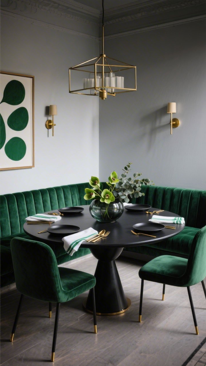 Wide room shot, straight-on view: A sleek modern dining room in a city townhouse vibe featuring a custom emerald velvet channel-tufted banquette along one wall beneath two brushed gold sconces. A black oval pedestal table centered with slim-profile dining chairs that have gold-capped legs. On the table: matte black plates, gold flatware, crisp white linen napkins with tiny emerald piping, and a low arrangement of green hellebores and eucalyptus in a smoked glass bowl. Overhead, a geometric chandelier casting razor-sharp shadows. Palette of emerald, black, white, brushed gold; textures of velvet, matte ceramics, and smoked glass; slim gold-framed art with abstract green forms on the wall. Photorealistic, moody evening lighting with sharp contrasts.