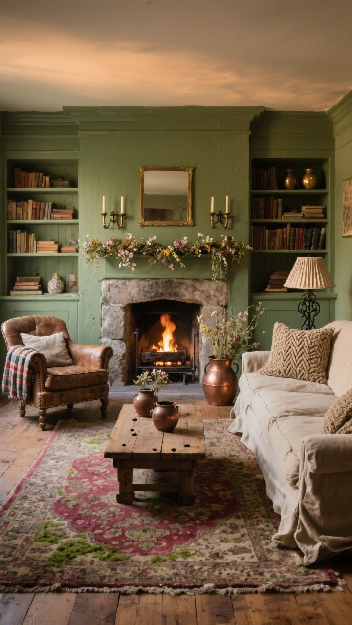 Wide room shot, straight-on view of “The Hearth-Kissed Sitting Room”: a substantial stone hearth with a peat-fire glow, flanked by built-in shelves painted sage green filled with worn books, brass candlesticks, and linen-bound journals; a faded Persian-style rug in berry and moss on wood floors; a slouchy oatmeal-linen slipcovered sofa layered with tweed and cable-knit pillows; a distressed leather wingback with a plaid throw; a low chunky oak coffee table with peg detailing; wrought-iron sconces and a table lamp with a tiny-floral pleated shade; vintage copper pots and a dried wildflower garland on the mantel; warm, earthy evening light, no people, photorealistic.
