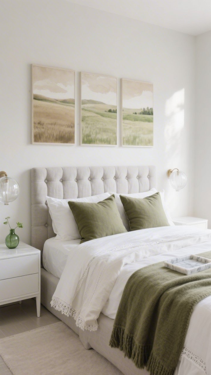 Wide, serene bedroom scene in soft diffused morning light: tufted headboard in pebble linen; crisp white bedding with layered ivory throws; hemstitch sheet detail visible; slim white nightstands on both sides; frosted glass orb sconces; accents in shadowy olive and sage including two olive linen euro shams and a sage throw at the foot; marbled alabaster tray on a nightstand topped with a tiny green glass bud vase; above the bed, a triptych of soft watercolor fields in khaki and sage. Palette: white, ivory, stone gray, olive, sage. Textures: linen, wool, frosted glass, alabaster. Photorealistic, cloud-soft mood.
