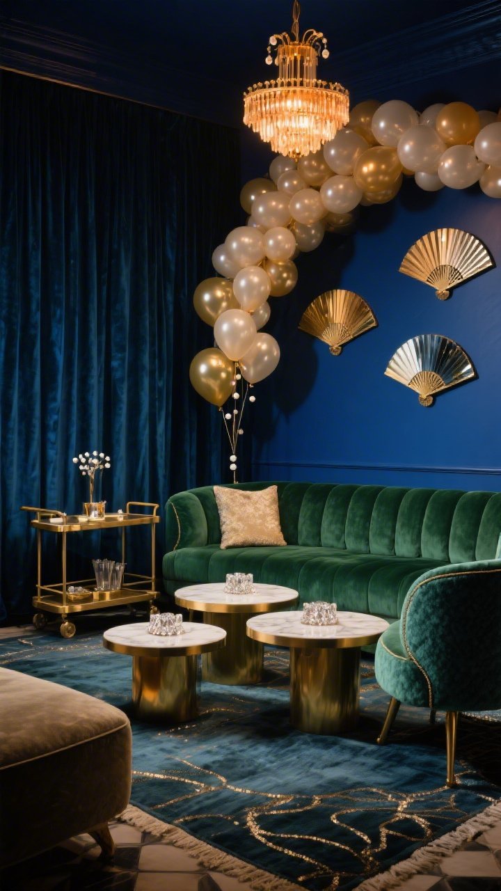 Wide shot, Art-Deco lounge at night: deep sapphire walls, forest green velvet sectional, curved bouclé accent chair, brass-and-marble nesting tables. Tiered brass chandelier casts warm amber light creating moody 1920s hotel ambiance. Smoked mirror coffee table with crystal-edged coasters adds unexpected sparkle. Champagne-toned statement balloon cluster arcs over a styled brass bar cart, finishing with tiny pearl micro-balloons. Art-deco fan mirrors on wall, velvet blackout drapes, vintage rug with subtle metallic thread shimmering as the camera angle (corner perspective) catches it. Palette: sapphire, forest, champagne gold, creamy ivory. Photorealistic.