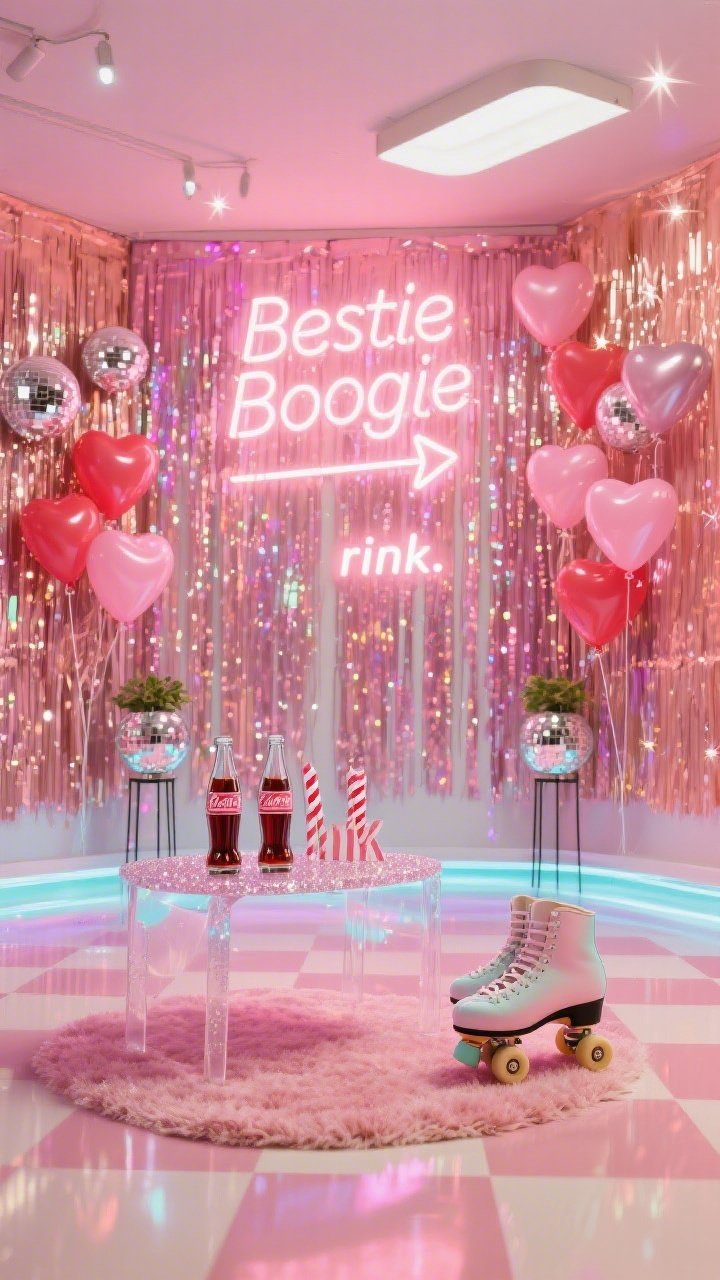 Wide shot, dance-floor view: Retro rink vibes with a wall fully covered in iridescent pink-peach tinsel curtains. Centered neon “Bestie Boogie” sign with a neon arrow pointing toward the checkerboard rug “rink.” Clusters of chrome pink and red heart balloons floating; two small mirror balls on plant stands scattering starry reflections. Low lucite table with sparkling sodas in glass bottles and striped straws; a pair of pastel roller skates parked on the rug. Color-changing LEDs wash the tinsel with bubblegum pink, peach, chrome, white highlights. Photorealistic, glittery motion feel.