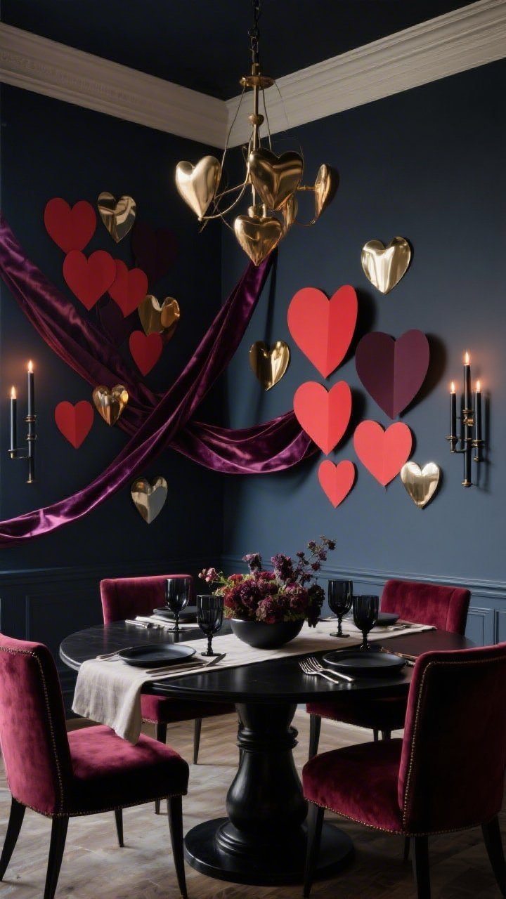 Wide shot, gallery-wall dining room with couture drama: dark inky walls (navy-charcoal) showcasing a parade of oversized paper hearts in crimson, burgundy, and aubergine climbing like sculptural art; interlaced satin and velvet ribbons draped diagonally across corner-mounted rods creating couture sashes; round black-stained pedestal table set with a linen runner, matte black flatware, smoky glassware, and moody florals in low bowls; upholstered merlot velvet dining chairs and a sculptural chandelier above; add a few metallic hearts in brushed brass and mirrored cardstock to catch candlelight from black taper candles; evening ambiance, photorealistic, straight-on composition.