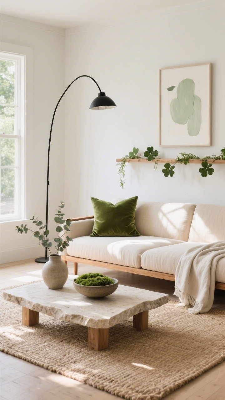 Wide shot, Japandi living room in sunlit natural light: low-profile oak sofa in warm beige linen with a single emerald velvet lumbar pillow; flat-woven jute rug; oversized off-white limewash feature wall; slim black metal floor lamp arcing overhead; travertine slab coffee table holding a stoneware bowl of moss, an unglazed ceramic vase with eucalyptus, and a neatly folded linen throw; framed abstract print with soft sage brushstrokes; minimalist off-white paper shamrock garland draped once across a shelf. Palette: oat, warm white, soft black, moss, one emerald accent. Materials: oak, travertine, jute, stoneware, linen. Photorealistic, calm, uncluttered composition.