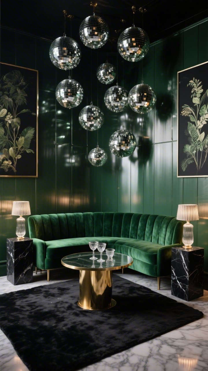 Wide shot, moody cocktail den: a metallic green paneled backdrop with clustered disco balls hung at staggered heights shimmering like liquid chrome; a curved emerald velvet sofa centered, brass-and-smoked-glass oval coffee table in front; flanking black marble side tables topped with ribbed glass lamps casting ambient glow; dark botanical art on the walls, plush black rug underfoot, cut-crystal coupes on the table. Palette: emerald, black, brass, smoke gray. Textures: velvet, mirror, marble, brushed metal. Low, speakeasy lighting with mirror-ball reflections dancing across surfaces. Photorealistic, straight-on view.