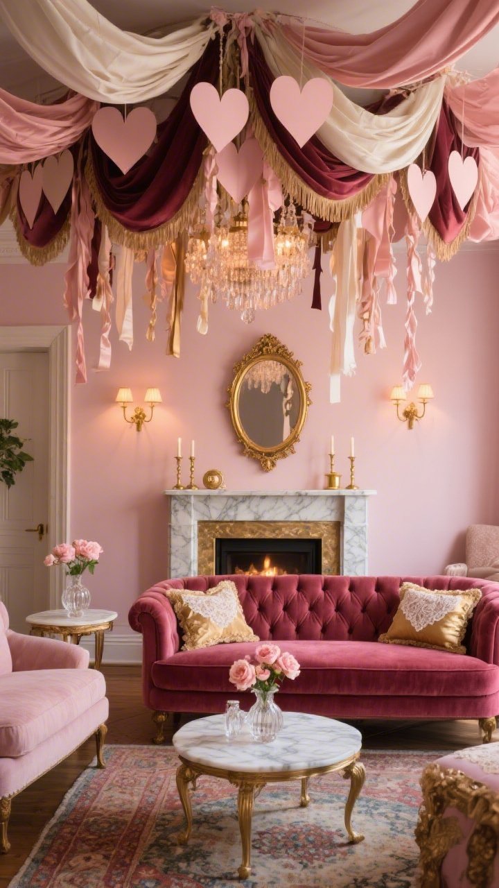Wide shot, romantic parlor with vintage glamour: a cozy sitting room with soft blush walls, a tufted velvet loveseat in deep raspberry centered before a fireplace; above, a cascading canopy of oversized paper hearts in dusty pink, ivory, and wine drapes from the ceiling like a chandelier; mixed silk, satin, and fringe ribbons hang at varying lengths catching warm light from petite brass sconces; a gilded mirror anchors the marble-topped mantel styled with brass candlesticks and cut-crystal bud vases holding ranunculus; vintage rug underfoot, marble-topped side tables, lace-trimmed throw pillows; antique gold accents throughout; evening glow, photorealistic, straight-on perspective.