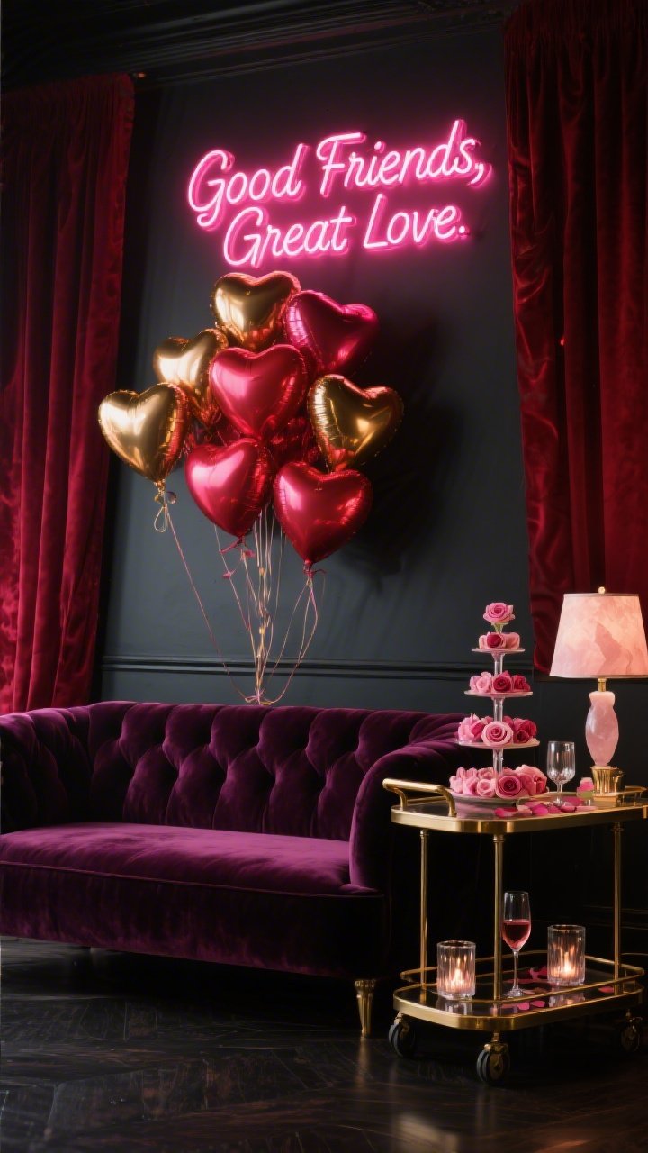 Wide shot, straight-on: A velvet lounge glam Valentine’s backdrop in a moody speakeasy vibe. Deep berry velvet sofa in front of a wall draped with a crimson velvet curtain pooling on the floor; black-and-gold bar cart at the side holding a rosé tower with edible rose petals. Centered above a tight cluster of matte red heart balloons with a few gold chrome hearts, a hot-pink neon script reading “Good Friends, Great Love.” Mercury glass votives and a rose quartz table lamp cast a soft rosé glow. Color palette: berry, blush, black, gold. Textures: velvet, silk ribbons on balloon tails, metallic accents. Photorealistic, cinematic low-light sparkle.