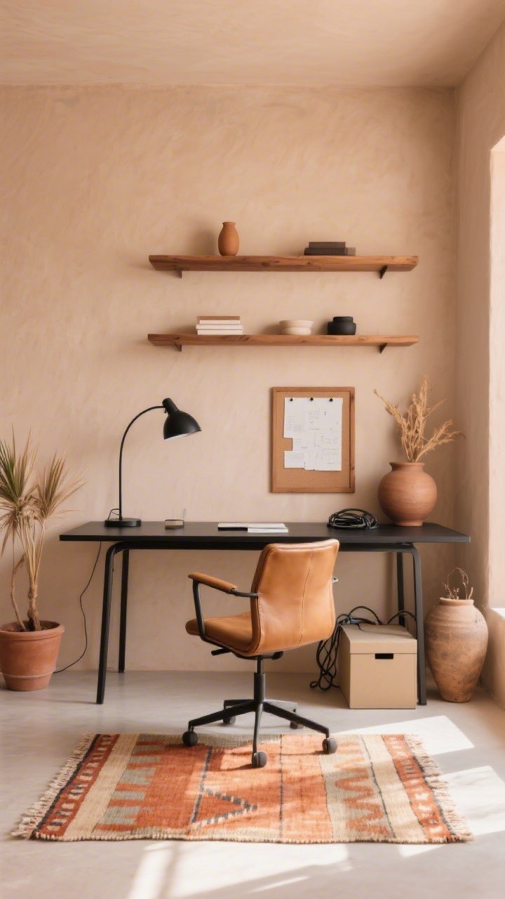 Wide shot, straight-on of a Desert Minimalist Office with pale clay walls. A sleek black metal desk is paired with a camel leather task chair; above, a trio of floating oak shelves holds minimal curated objects. On the floor, a flatweave kilim in terracotta and sand. Include a cord-management box under or beside the desk, a canvas pinboard framed in oak on the wall, a matte black arc lamp, and earth-toned planters. A chunky ceramic vase with dried palms completes the scene. Palette: clay, sand, terracotta, matte black. Photorealistic, sun-washed calm with soft directional daylight.