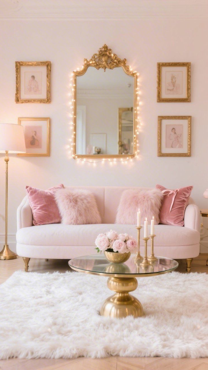Wide shot, straight-on view: A blush or cream sofa styled with velvet throw pillows in varying shades of pink and rose, mixed with two faux fur cushions; warm-white string lights draped along a gilded mirror so the glow reflects off metallic accents; a glass coffee table with a gold base topped with a low bowl of pale peonies and slender taper candles; plush ivory rug underfoot, brass floor lamp, gilded frames on the wall; palette of blush, cream, soft gold, and rose; textures of velvet, faux fur, and a hint of satin ribbon; photorealistic, soft romantic lighting, delicate but not fussy.