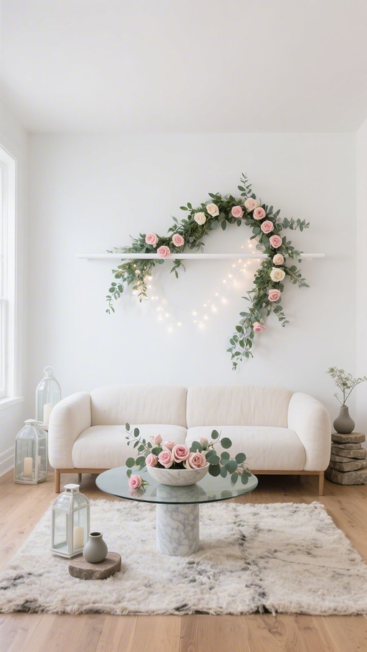 Wide shot, straight-on view: A bright, airy modern minimal living room with white walls and matte oak floors. A low-profile cream linen sofa sits on a nubby wool rug. Centered behind the sofa is a slim white floating rod holding an asymmetrical eucalyptus garland swag dotted with pale blush and vanilla roses; warm white LED fairy strands glow subtly behind the greenery. A rounded-edge glass coffee table holds a single marble pedestal bowl filled with scattered rose heads and eucalyptus sprigs. Accents include frosted glass lanterns, stacked stone coasters, and matte ceramic bud vases. Palette is whisper-soft: blush, sage, ivory. Photorealistic, soft natural daylight.