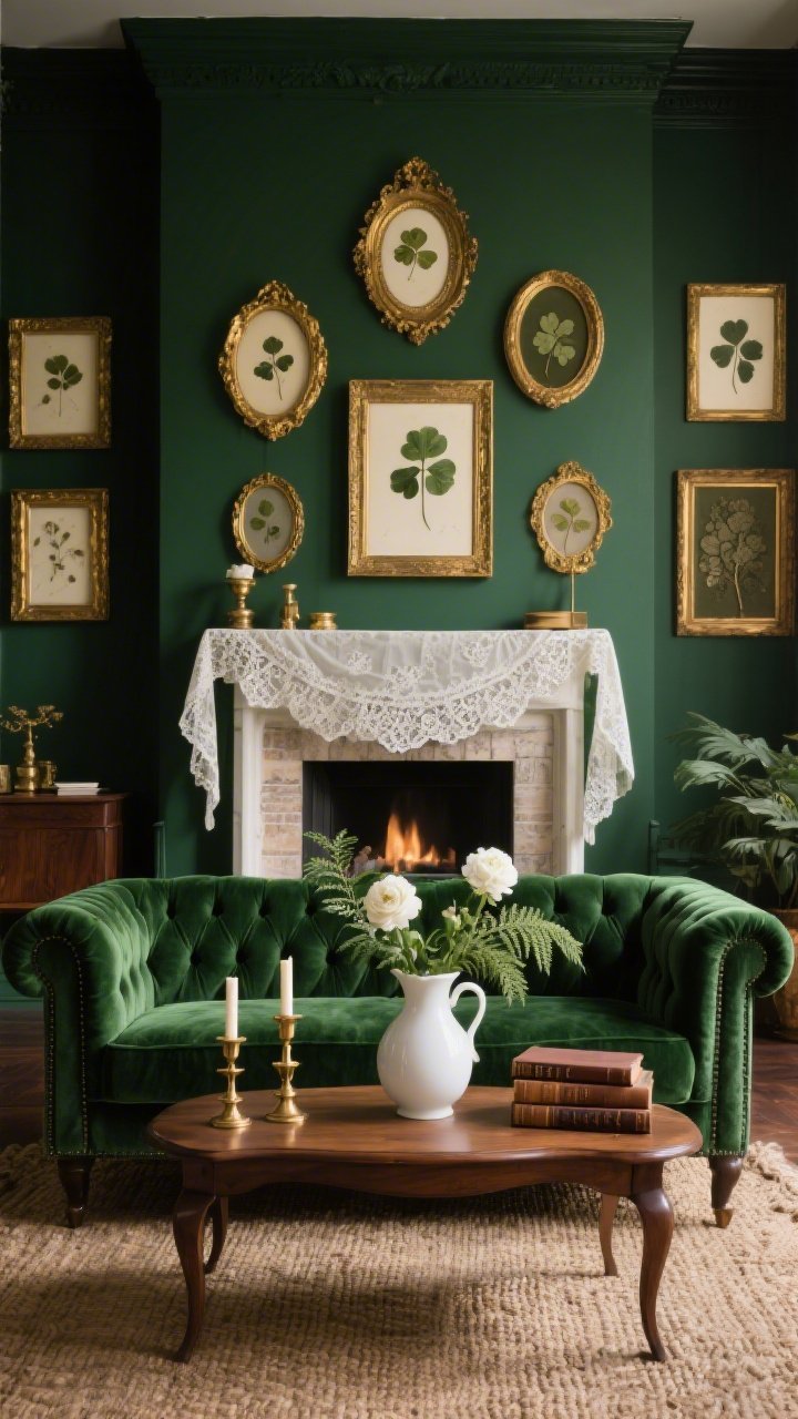 Wide shot, straight-on view: A moody emerald parlor centered on a fireplace mantel draped with a layered lace runner that softly puddles at the edges. Above, a tight cluster of antique gilded frames—oval and rectangular, some empty, some holding pressed clover prints—forms a gold-toned gallery. In front, a deep green tufted velvet sofa faces a walnut coffee table topped with a smooth white porcelain pitcher filled with white ranunculus and ferns, two brass candlesticks, and a small stack of leather-bound poetry books. A woven jute rug grounds the room. Color palette: emerald, ivory, aged gold, walnut. Textures: velvet, lace, polished brass, smooth porcelain. Soft, warm ambient lighting for a rich, romantic mood. Photorealistic, no people.