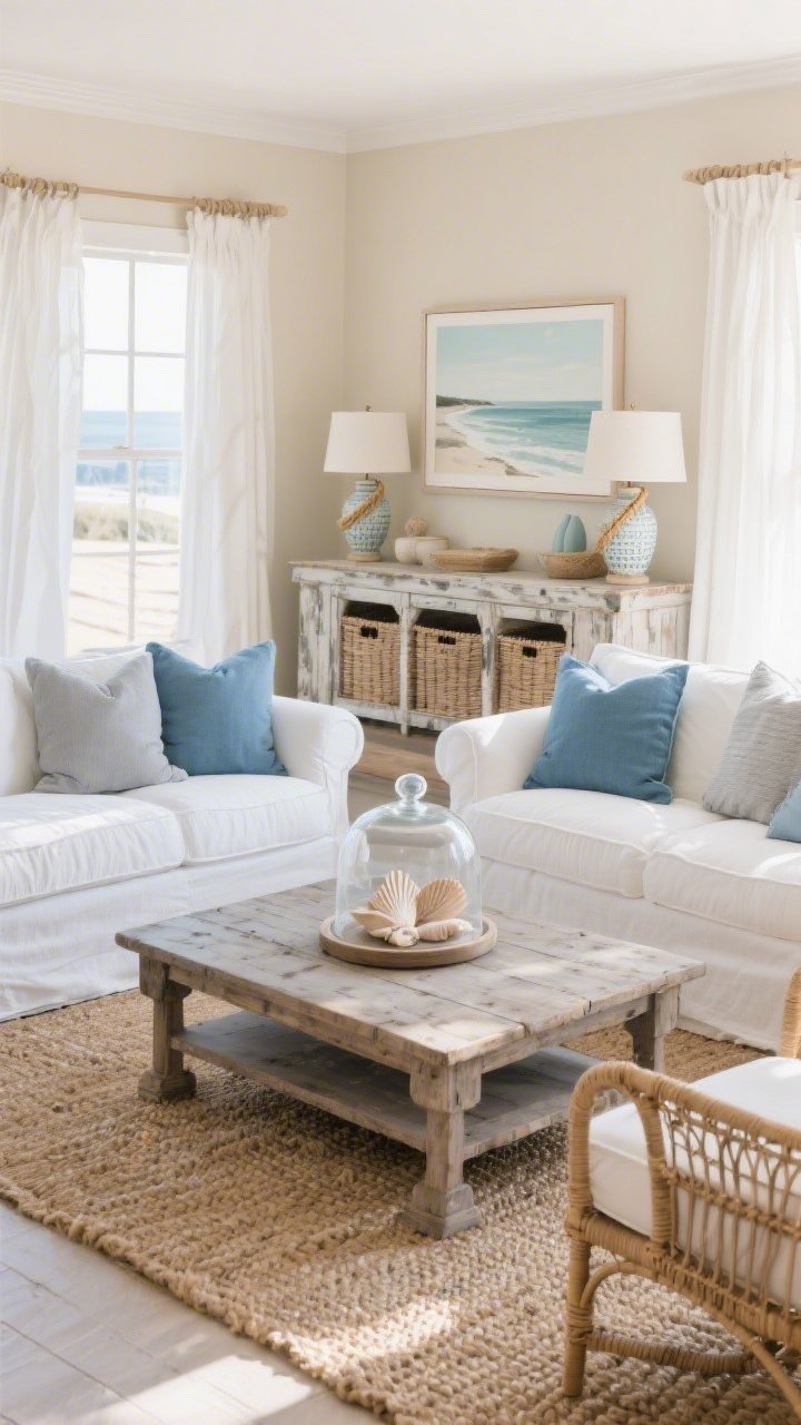 Wide shot, straight-on view of a Coastal Calm Living Room in soft sand-beige walls with airy white linen curtains glowing in natural sunlight. A deep-seat slipcovered white sectional is layered with ocean-blue and misty gray throw pillows. Center a weathered wood coffee table styled with a glass cloche displaying seashells over a chunky jute area rug. Include a pair of rattan accent chairs, ceramic table lamps with rope details, a coastal landscape print on the wall, and a distressed console with woven baskets for storage. Palette: white, sand, sea-glass blue, driftwood gray. Photorealistic, breezy beach-house mood.