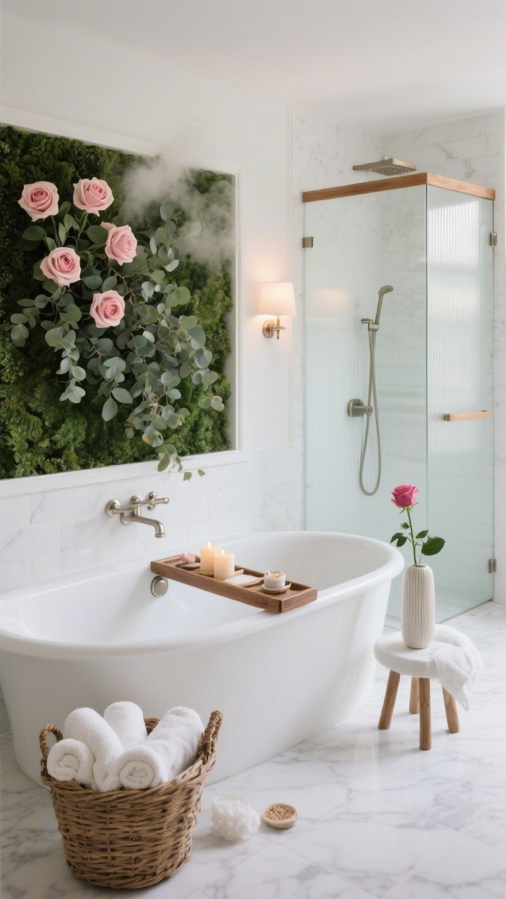 Wide, spa-like photorealistic bathroom shot from a slight corner angle: a soaking tub framed by a steam-friendly greenery wall combining faux blush-toned roses with real bunches of fresh green eucalyptus; the rest of the room white-on-white with polished nickel hardware, Carrara-look tile, ribbed glass shower screen, and teak accents; teak bath caddy across the tub with rose-scented candles; vintage basket of rolled fluffy white towels; petite stool holding bath salts and a single long-stem rose in a cylinder vase; dimmer-set warm lighting for a serene, five-star retreat atmosphere.