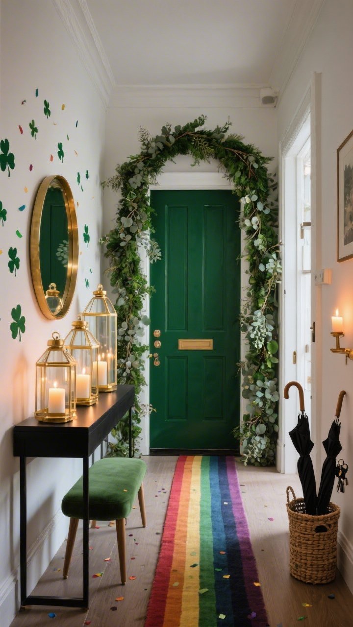 Wide, straight-on foyer shot: a chic emerald entryway with a tall, thick green garland arch framing the doorway, eucalyptus tucked in for texture; slim black console beneath a round brass mirror; scattered shamrock wall decals like confetti around the mirror; a gold lantern cluster of three heights with clear glass panes and soft pillar candles glowing; narrow rainbow runner rug stretching down the hall, colors picking up green and gold; small bench or stool, umbrella stand, woven basket for keys; deep green, black, brass, and multicolor accents; evening ambient light with warm candle glow; photorealistic.