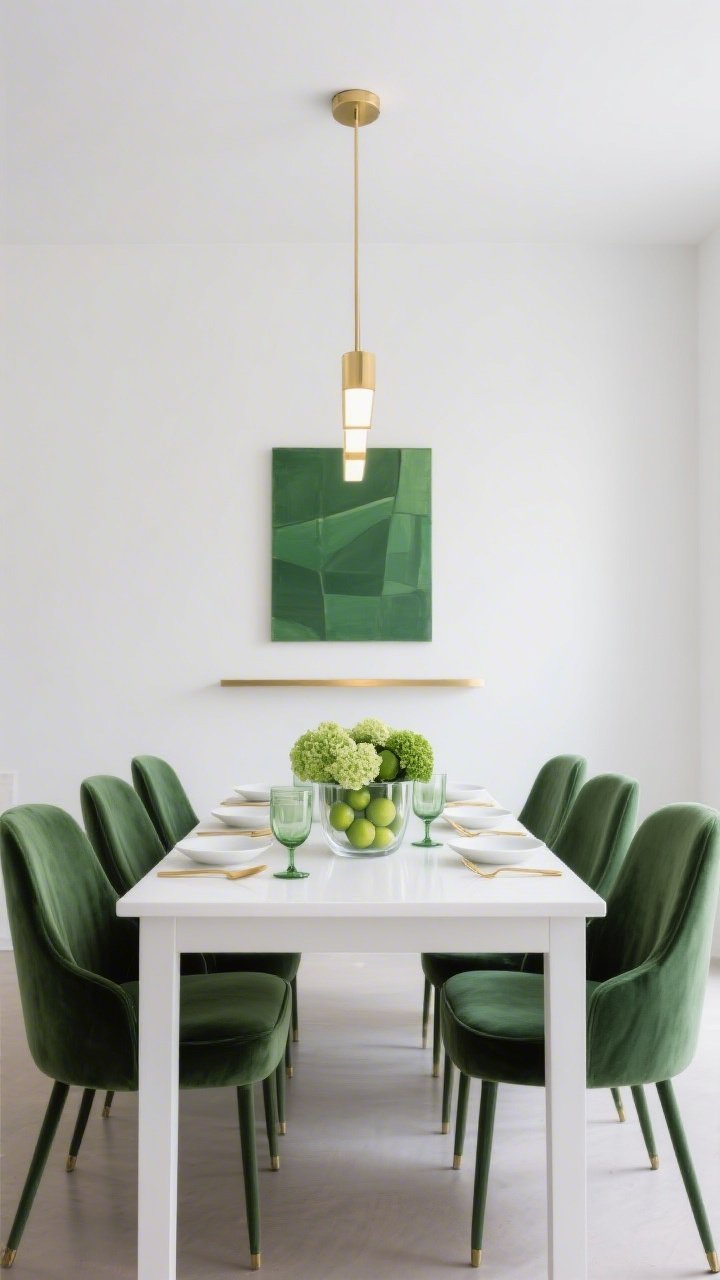 Wide, straight-on minimalist composition: A long white Parsons dining table flanked by floor-skimming emerald velvet slipcovered chairs. Above, a sleek brushed gold linear pendant provides soft, even illumination. Centered on the table is a single clear glass trough filled with limes and green hydrangeas. Place settings in warm white matte porcelain, razor-thin gold flatware, and faint green-tint glass stemware. Background: a plain white wall with a slim gold picture ledge holding one abstract green canvas. Clean lines, gallery-like quiet, soft gold accents, photorealistic.