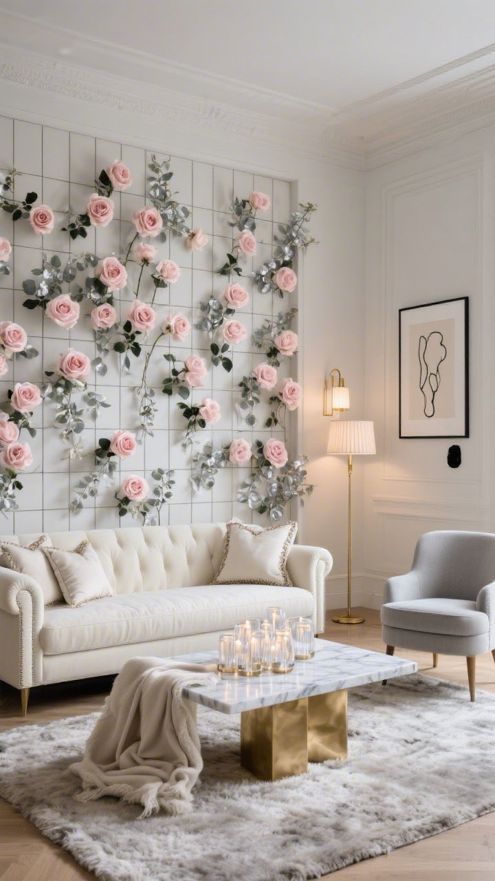 Wide, straight-on photorealistic shot of a Modern Parisian living room in a cream-and-dove-gray palette: a tailored cream velvet tuxedo sofa in front of a floor-to-ceiling grid wall of blousy blush roses intertwined with silvery eucalyptus; marble-and-brass coffee table with clustered glass votives, fluted accent chair in soft gray, nubby wool rug underfoot, mohair throw and silk-trimmed pillows on the sofa; champagne-toned sconces casting low luminous light, a slim brass floor lamp, framed minimalist black line art, and a few small black accents for contrast; overall mood chic, romantic, and grown-up with soft champagne glow.
