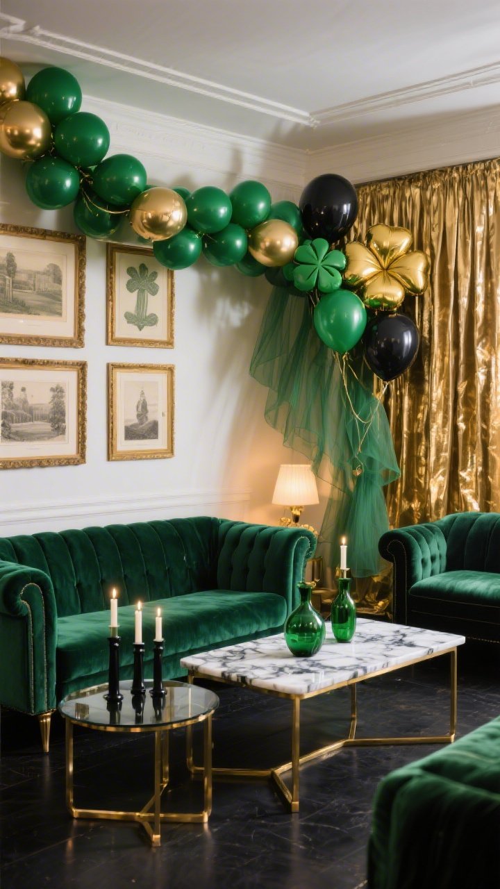 Wide, straight-on photorealistic shot of an Emerald Glam Living Room Lounge: deep emerald velvet sofa centered, black-and-white marble coffee table in front, smoked-glass side tables with brass legs, black taper candles and green glass vases. Backdrop is a gleaming gold foil curtain layer with a soft sweep of hunter green tulle over it for depth. An arcing balloon garland runs from ceiling corner to sofa arm in matte green, chrome gold, and a few black balloons, with sparse shamrock-shaped mylar balloons. Gilded frames with vintage Irish prints on the wall. Luxe yet cozy evening lighting with warm highlights reflecting on gold and marble. Color palette emerald, black, white, gold; crisp, high contrast, no people.