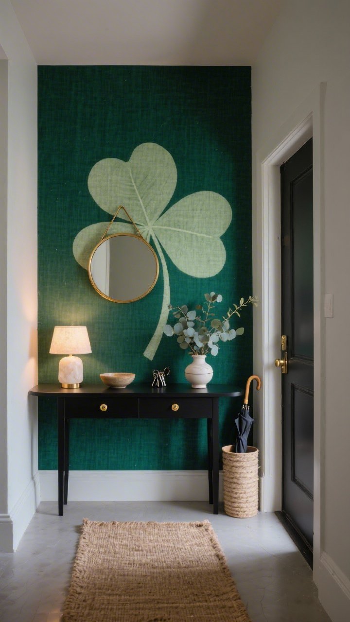 Wide, straight-on shot of a modern entryway wrapped in deep emerald temporary wallpaper with a subtle linen texture, centered with a large removable clover mural in soft sage. A narrow black console with brass pulls sits below a round brass mirror; on the console is a small alabaster mini table lamp glowing warmly, a small bowl for keys, and a low vase with eucalyptus. A natural jute runner leads into the space, and a ceramic umbrella stand rests by the door. Colors: emerald, sage, black, brass, natural jute. Photorealistic, evening ambient light with lamp glow.