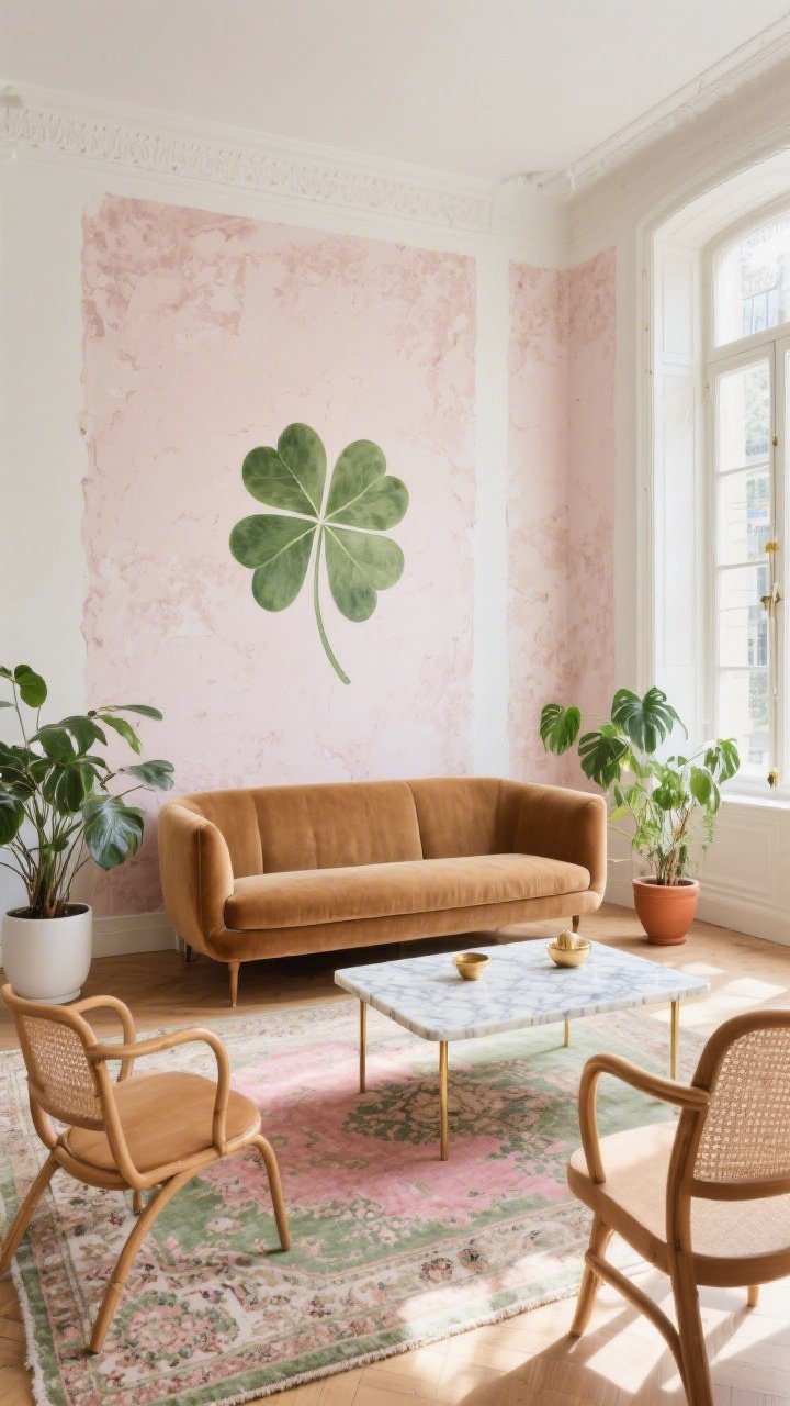 Wide, sunlit living room with blush-toned temporary wallpaper featuring a faint plaster effect on two walls, and a pale olive clover mural directly behind a camel velvet sofa, framing it like artwork. In front: marble-and-brass coffee table styled with minimal objects; on the floor a vintage-style Persian rug in rose and moss. Add bentwood side chairs, leafy plants in terracotta and matte white planters throughout, echoing the clover motif. Soft daylight streaming from tall windows, Parisian-apartment vibe, cream accents and brass details.