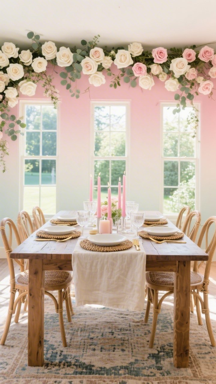 Wide, sunlit photorealistic dining room shot, taken straight-on toward the wall opposite large windows: a soft ombré floral backdrop of white roses at the top melting into blush and rose-pink, laced with eucalyptus sprigs; solid oak dining table styled with airy linen runners, mixed pink taper candles, and simple white plates; cane-back chairs around the table, vintage rug grounding the space; rattan chargers, brushed gold flatware, and clear coupe glasses as finishing touches; bright morning light filtering through, creating a fresh garden party mood with natural wood and sage accents.