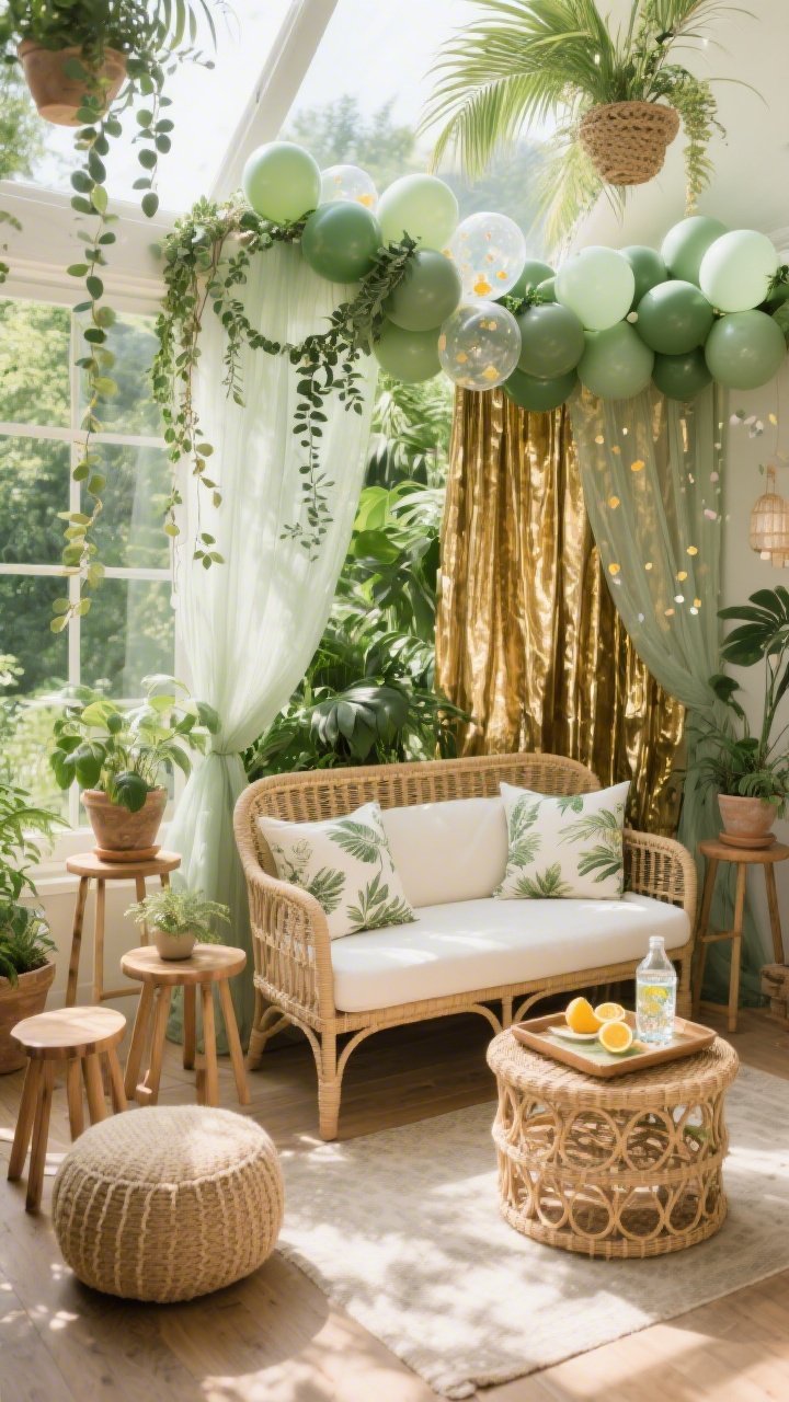Wide, sunlit photorealistic Sunroom Botanical Escape: rattan loveseat with cream cushions and botanical-print pillows, nested plant stands and a woven side table. Behind the greenery, gold foil curtains shimmer; olive tulle is draped like vines across the top with trailing strands mingling into potted palms. Organic balloon garland in sage, eucalyptus green, and translucent clear with subtle confetti, woven through plant stands. Add wood stools, a jute pouf, and a wicker tray with sparkling water and citrus. Lush, fresh midday natural light with soft dappled highlights; palette olive, sage, natural rattan, cream, gold.