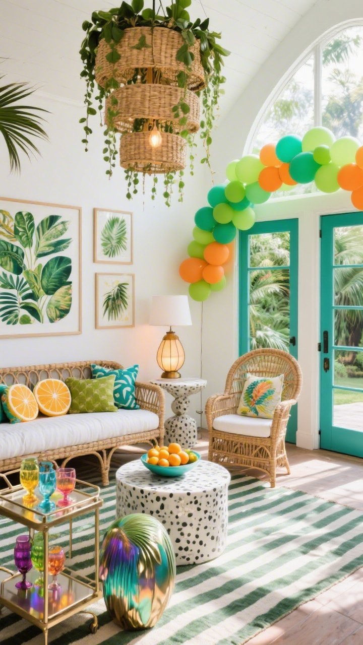 Wide, sunlit tropical maximalist sunroom, daytime: white walls as gallery for oversized botanical prints; rattan daybed overflowing with citrus-hued cushions. Cascading woven pendant cluster overhead creates layered light; floor lanterns suggest evening glow potential. Punchy balloon arch in lime, mango, and teal frames French doors. Wicker egg chair beside a terrazzo side table; striped indoor-outdoor rug grounds the scene. Iridescent side tables and palm-frond sculptures with metallic edges provide unexpected sparkle. A bar cart with colorful glassware and a bowl of citrus catches sunlight so the room glows. Palette: leaf green, teal, mango, white, natural rattan. Corner perspective, photorealistic.