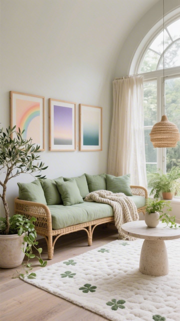 Wide sunroom shot, corner angle: a low-profile rattan daybed piled with sage green linen cushions and a chunky knit throw that resembles dawn mist; trio of muted rainbow prints (faded peach, dusty lavender, foggy teal) framed in light oak on the wall, their soft arcs echoing curved windows; hand-tufted ivory rug with ultra-subtle tone-on-tone shamrock motifs; layered plants (olive tree and trailing pothos) in pale ceramic pots; round travertine pedestal accent table; sheer flax curtains and a woven pendant casting gentle, greenhouse-like natural light; calm, airy mood, photorealistic.