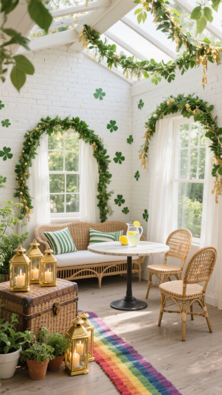 Wide sunroom shot from corner perspective: airy garden-party vibe with two overlapping green garland arches suspended from ceiling beams, a few strands draping over windows for a greenhouse effect; white brick wall with shamrock decals drifting diagonally like sunlit leaves; wicker trunk holding a cluster of gold lanterns among potted herbs, citronella candles ready; rainbow runner rug running between a rattan loveseat and pair of bistro chairs by a round café table; striped cushions, pitcher of lemon water; crisp white, natural rattan, leafy green, warm gold palette; bright natural daylight softened by sheer curtains; photorealistic.