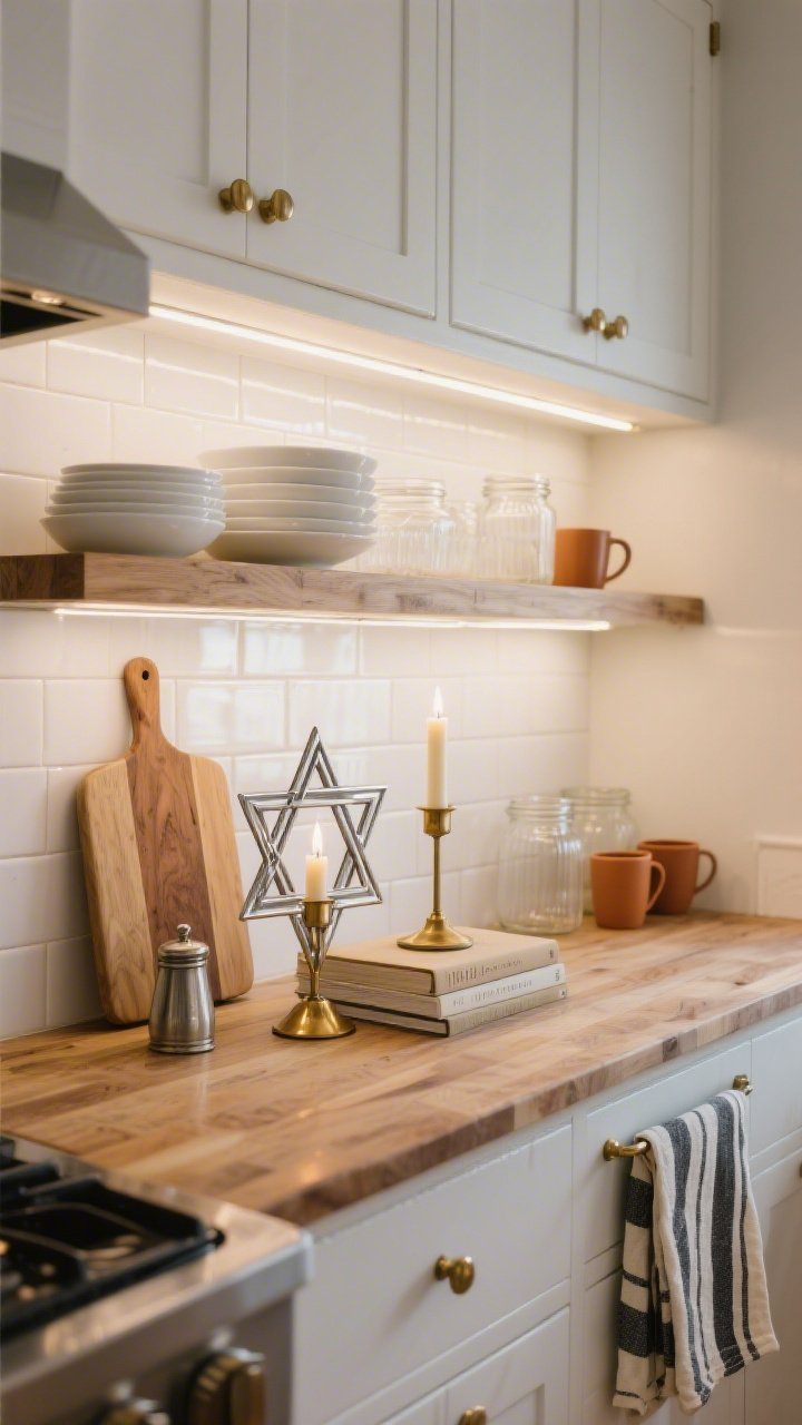 Angled medium shelf shot in a bright kitchen, evening with under-shelf LEDs: glossy white subway tile backsplash, floating oak shelves over butcher block counters; on the middle shelf a mixed-metal (silver and brass interlaced) Star of David candle holder with lit taper; styled with an olive wood cutting board, pewter salt cellar, and a short stack of neutral-spined cookbooks; nearby white dishes, clear jars, and a few terracotta mugs; brushed brass pulls on painted shaker cabinets and striped linen tea towels in charcoal and cream in view; warm, meaningful focal point, photorealistic.