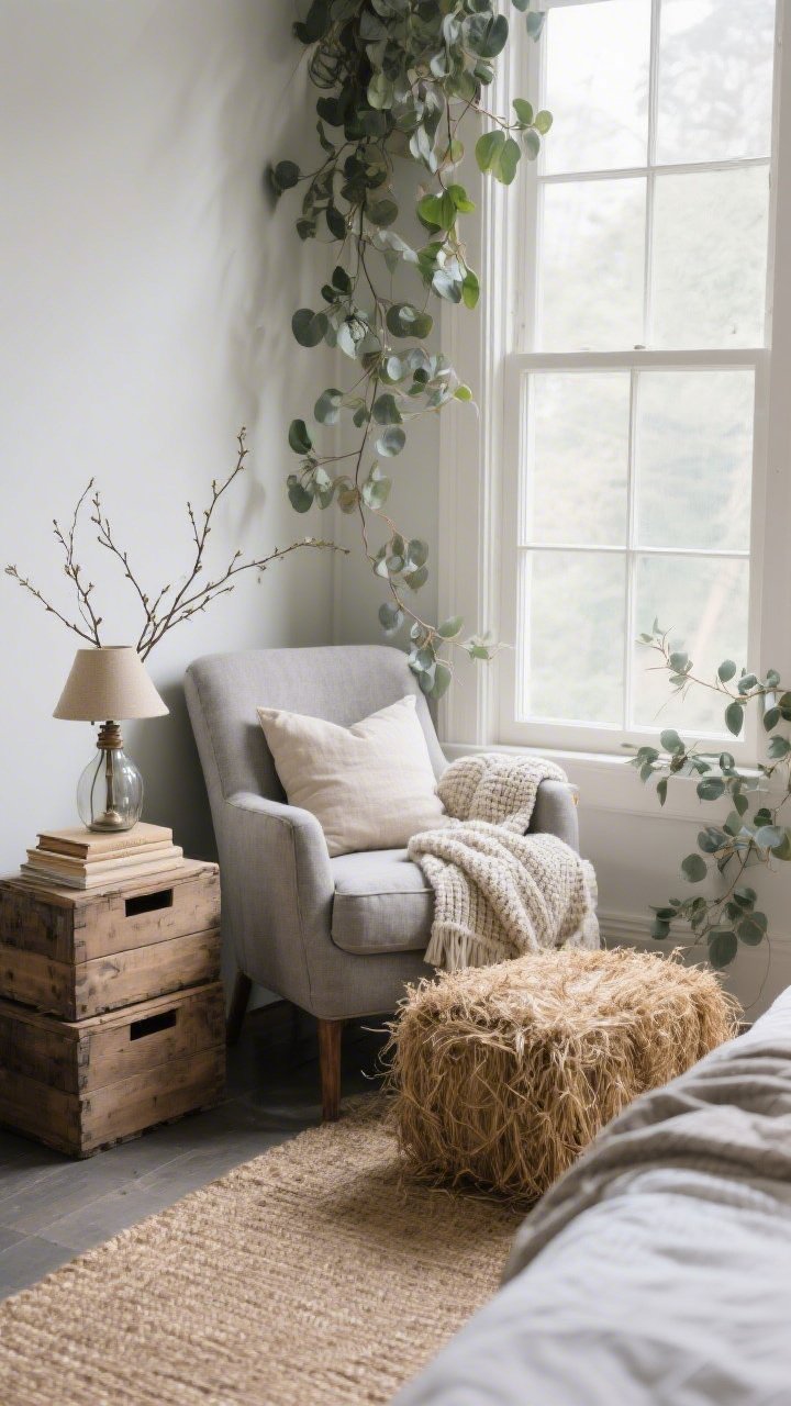 Bedroom reading nook retreat, intimate medium shot from window side: cozy chair beside a window with a low hay bale as an ottoman, topped by a soft stonewashed linen throw; two wooden crates used as side tables—one stacked with neutral-bound books, the other holding a vintage-style lamp and a glass vase of willow branches; trailing pothos and eucalyptus stems softening the edges; textiles include a linen bolster pillow, knit throw, and a nubby jute rug underfoot; palette pebble gray, bone, wheat, and eucalyptus; gentle natural window light for a serene, cocooned atmosphere.