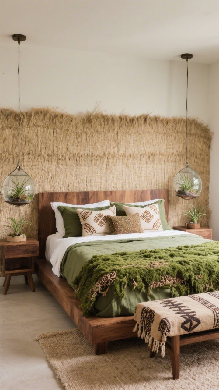 Bedside medium shot: Earthy Terrarium bedroom featuring a walnut platform bed with mossy green linen duvet, embroidered lumbar pillows in earthy motifs, glass terrariums with air plants hanging as bedside pendants, a mudcloth bench at the foot of the bed, and tactile grasscloth wall treatment; palette of olive, walnut, flax, and cream with soft, calm lighting.