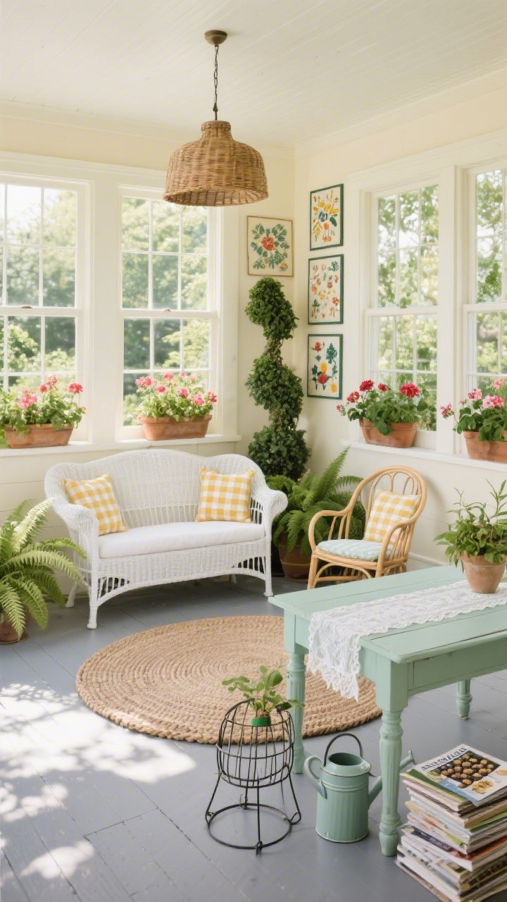 Bright, airy wide shot of a Sunporch Sampler Garden Room, straight-on with window wall: soft buttercream walls, porch gray painted floors; white wicker settee and two bentwood chairs with cheerful gingham cushions; windows lined with potted geraniums, lush ferns, and an ivy topiary; needlepoint sampler gallery across one wall echoing colors in a braided oval rug; vintage mint-painted drop-leaf table topped with a lace runner; simple rattan pendant overhead; wire plant stands, enamel watering can, and a stacked pile of seed catalogs nearby. Photorealistic, sun-soaked, garden-fresh.