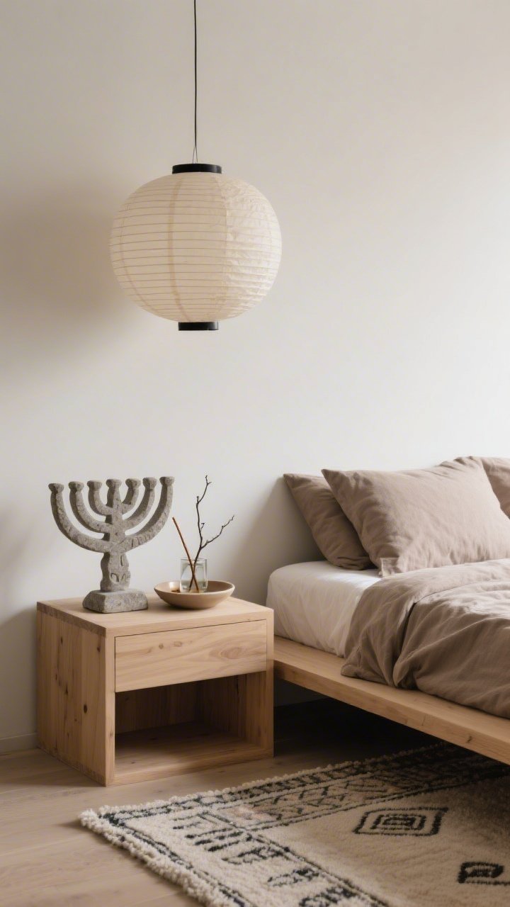 Calm bedroom medium shot, Japandi style: low platform bed with taupe linen bedding, pale oak nightstand holding a hand-carved-looking stone or concrete menorah as a grounding object. Oversized paper lanterns hanging above; a shallow ceramic tray with incense and a small branch in water beside the menorah. Palette of mushroom, sand, pale oak, and soft black; textures of stone, linen, rice paper, and wool. Neutral kilim rug underfoot; soft, serene lighting.