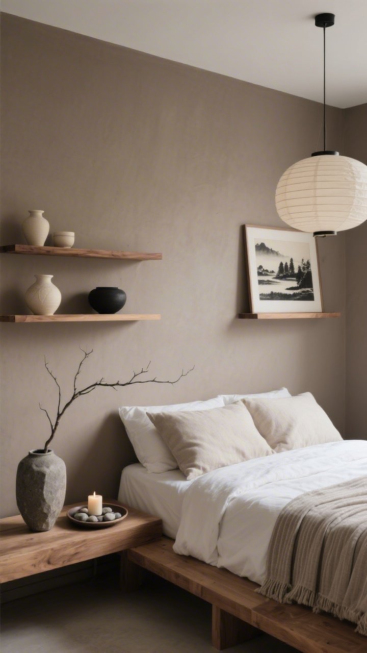 Calm bedroom medium shot, straight-on: taupe walls with two floating oak shelves as a serene focal point above a low oak platform bed dressed in a linen duvet and ribbed throw; shelves styled with hand-thrown ceramics in cream and putty, a single black ink landscape, and a shallow pebble-shaped tray holding a sculptural candle; paper lantern pendant overhead, flax linen pillows on the bed; a single branch in a stone vase on a bedside ledge; palette of taupe, oak, inky black, cloud white; Japandi serenity with soft, diffused lighting, photorealistic.