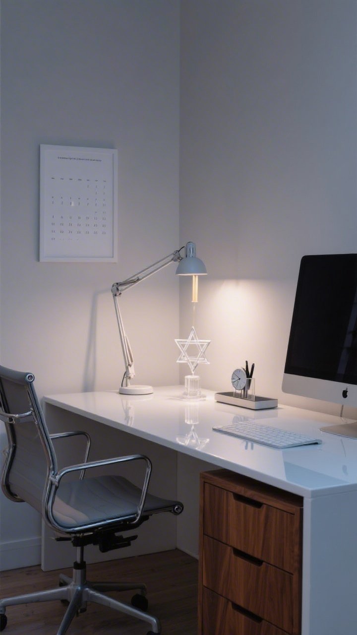 Clean medium desk shot, sleek home office, evening transition light: white lacquer desk with a walnut drawer unit and a graphite ergonomic chair; clear acrylic Star of David candle holder near a low-profile monitor stand, taper lit to create delicate refracted shadows; tiny sculptural clock and a minimal pen tray; adjustable satin-finish task lamp casting focused glow; palette of white, graphite, walnut, and chrome; soft gray wall with a single minimalist calendar print; clutter-free, polished, photorealistic.