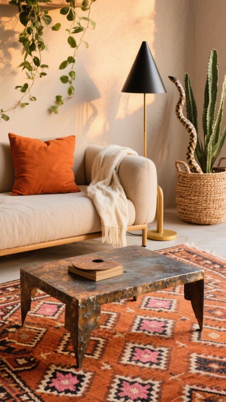 Closeup angled shot capturing warmth and pattern: a terracotta-and-rose kilim with bold geometric motifs under a hammered metal coffee table. Edge of a low modern sand-colored sofa with burnt orange pillows and a cream throw. Nearby, a woven wall basket partially in frame; snake plant and trailing pothos add organic lines. A matte black cone-shade floor lamp base visible. Golden late-afternoon light for desert-sunset mood, photorealistic.
