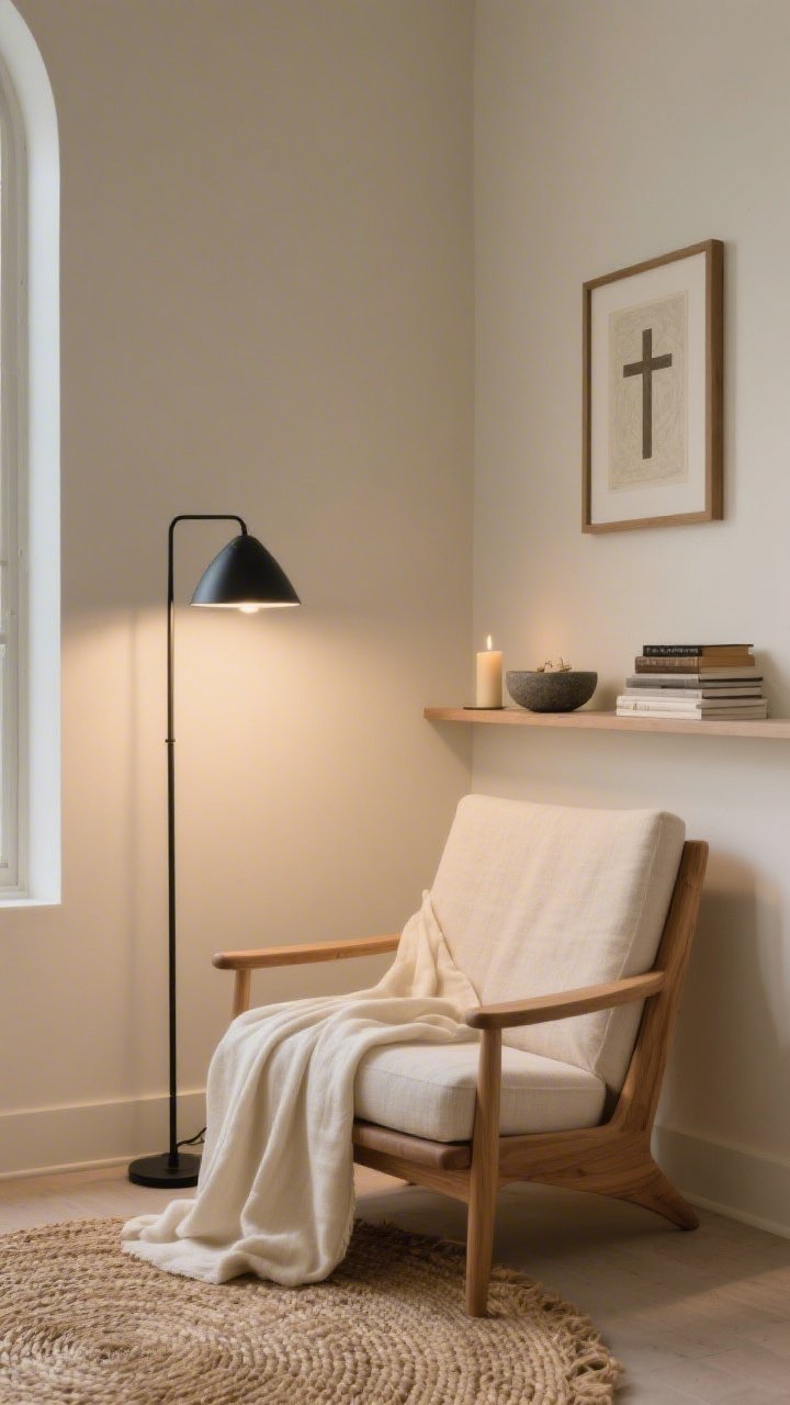 Closeup corner shot of a minimalist reading nook as a quiet chapel corner: a low-profile oak lounge chair draped with a soft cream linen throw, facing a slim black metal floor lamp casting gentle warm light; behind the chair, a single framed cross or muted sacred print on a cream wall, with a narrow floating shelf holding a prayer candle, a small matte stone bowl for intentions, and a neat stack of devotionals; grounded by a woven seagrass rug; palette of cream, oat, light wood with soft black accents; textures of linen, matte ceramics, brushed metal; evening ambient glow, no people, photorealistic.