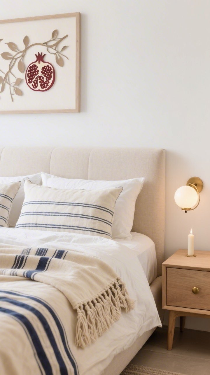 Closeup detail: Bedscape of a serene bedroom showing a tallit-inspired duvet in creamy cotton with soft navy stripes, matching shams, and a fringed throw subtly nodding to tzitzit; background hints of warm white walls and a pale sand linen-upholstered headboard, light oak bedside table with a tiny brass knob, globe sconce casting soft, candle-like light; framed papercut art of pomegranates and vines slightly out of focus; tranquil, breathable textures, photorealistic.