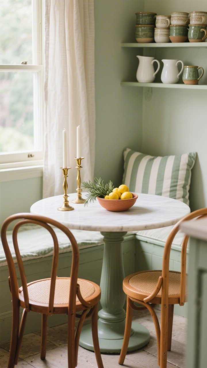 Closeup detail of a quiet kitchen nook tabletop and window seat: round pedestal table with bentwood café chairs; center vignette featuring a terra-cotta bowl of lemons and fresh rosemary, flanked by a slender antique brass candlestick pair; background shelves with stacked stoneware mugs and glazed pitchers in white and sage; a striped ticking cushion on the window seat and a simple linen café curtain softly filtering light; palette of sage, cream, terra-cotta, and warm brass; gentle morning illumination, photorealistic, no people.