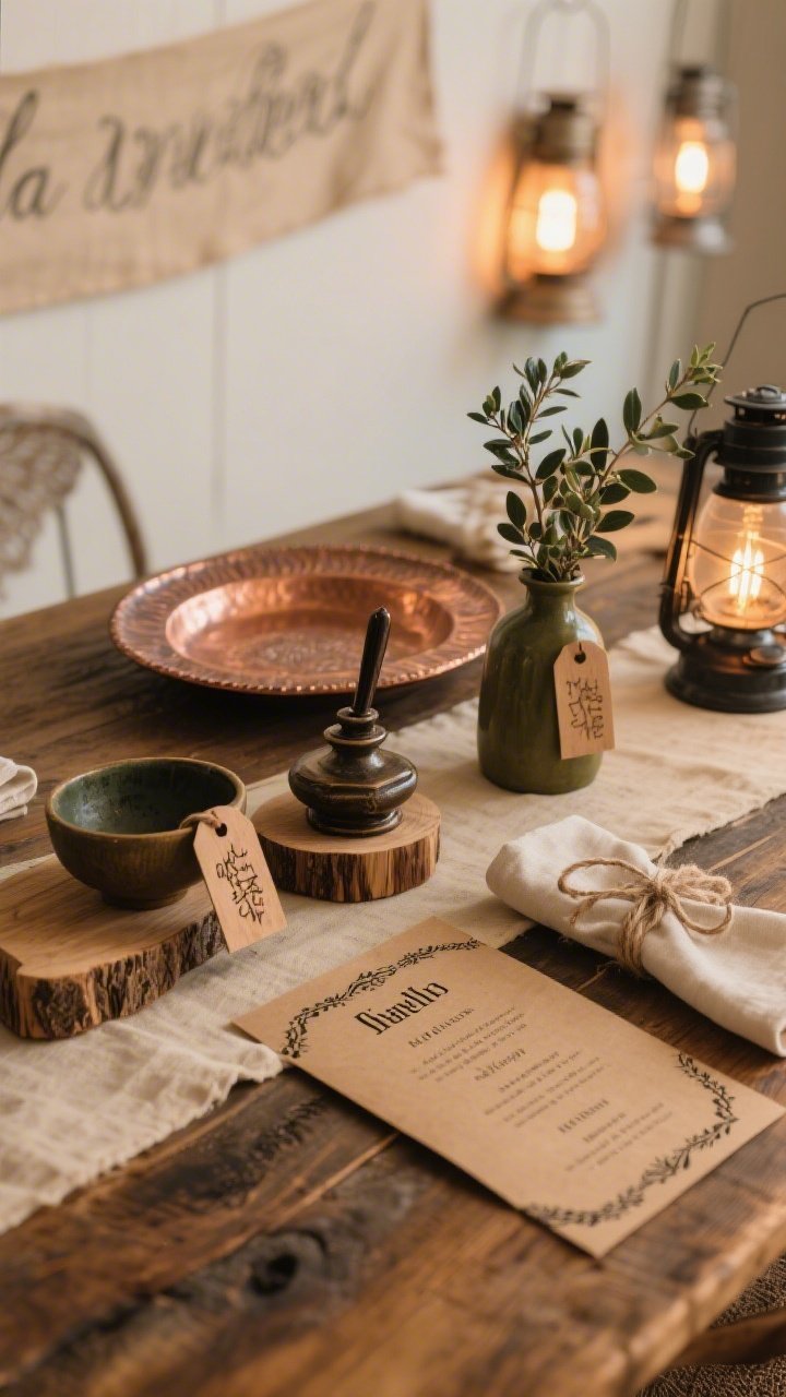 Closeup detail shot from table height: A rustic storytelling vignette on a rough-hewn oak table with a parchment-toned runner. Wooden risers elevate a hammered-copper Seder plate and small bowls labeled with burned-wood tags. Vintage-style inkwell vases hold sprigs of myrtle. Kraft-paper menus printed with black serif type and a delicate border rest beside twine-tied linen napkins. In the softly blurred background: lanterns with warm Edison bulbs and a hint of a calligraphy banner on the wall. Palette: honey wood, parchment, charcoal, olive. Materials: oak, copper, linen, recycled paper. Warm, intimate lighting.