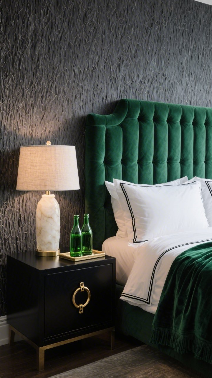 Closeup detail shot of a Luxe Bedroom vignette: charcoal grasscloth wall texture behind an upholstered emerald headboard with channel tufting. Foreground shows a black nightstand with oversized brass ring pull (belt-buckle feel), topped with an alabaster lamp with linen shade and a petite tray of green glass bottles. Edge of bedding in frame: crisp white percale with black piped edges and a folded emerald velvet throw at the foot. Soft, moody evening lamp glow emphasizing velvet and grasscloth textures. Photorealistic.