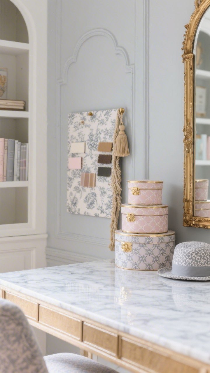 Closeup/detail shot, Parisian-Inspired Pattern Room: a glossy marble-look contact paper surface on a simple desk reflecting soft light; backdrop of soft dove-gray walls with DIY picture-frame molding; slim white bookcase edge in view with an arched cutout topper; a grouping of blush, dove gray, and warm gold accents: patterned hatboxes stacked neatly, a toile-covered pin board with swatches pinned, and a tassel-trimmed curtain edge drifting into frame; a gilded mirror glinting at the margin; delicate, elegant textures in gentle daylight, photorealistic.