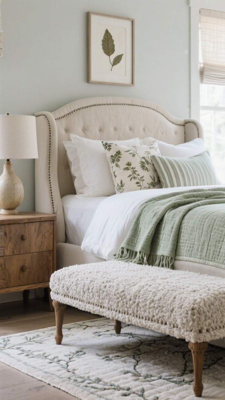 Closeup detail shot, Spa-Calm Primary Bedroom: serene vignette at the foot of an upholstered wingback bed in oatmeal linen with crisp white bedding; a folded sage throw quilt and pillows in botanical prints and soft stripes; textured boucle bench in front of the bed; oak nightstand edge with a ceramic gourd lamp base visible; framed pressed leaves on the wall softly blurred in background; subtle hand-tufted rug with a delicate vine pattern underfoot; palette of oatmeal, sage, soft gray, warm oak; gentle, filtered daylight from light-filtering roman shades; focus on textures and soothing layers; photorealistic.