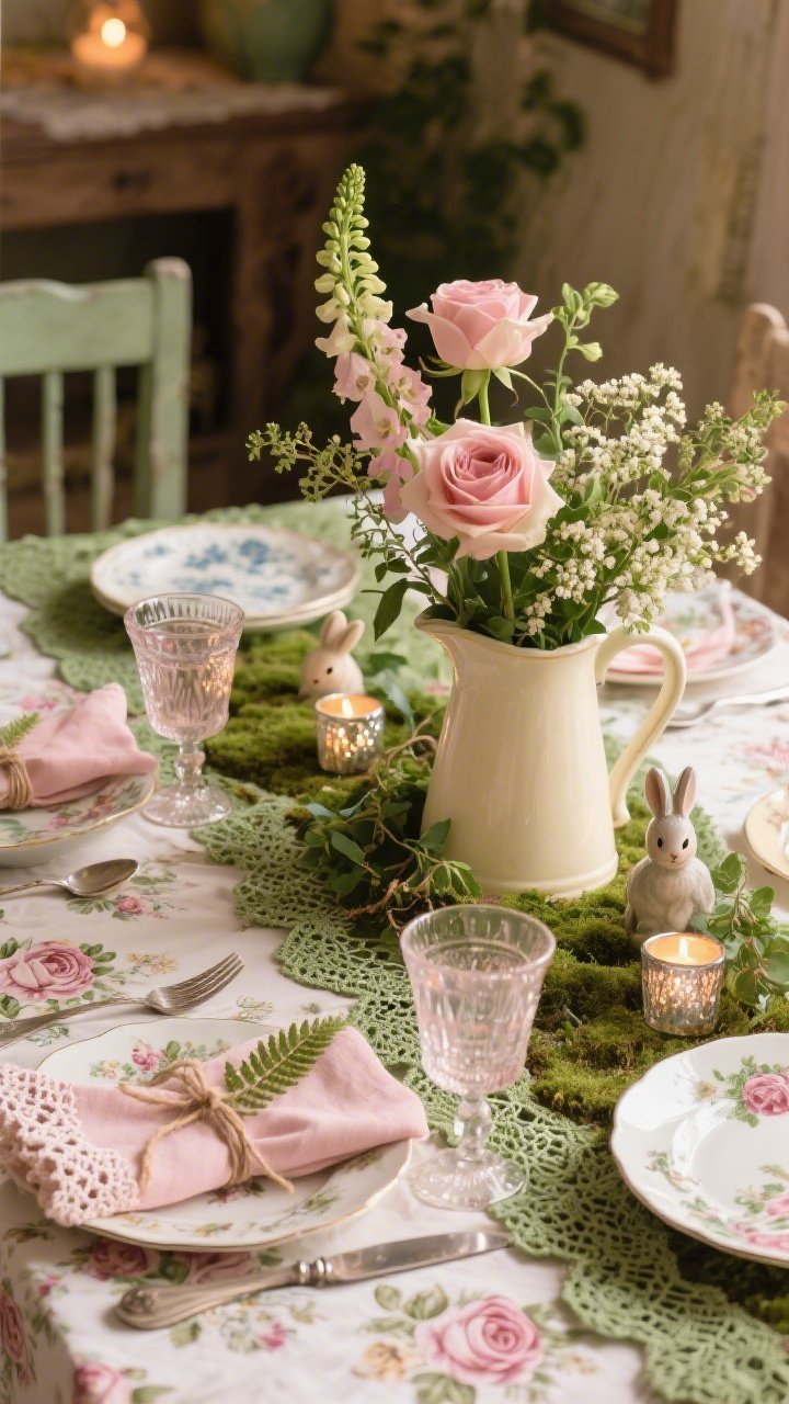 Closeup detail shot, warm cozy lighting: A rose-printed tablecloth with a mossy green lace runner layered on top, rich with texture. Mismatched cream pitchers overflowing with garden roses, foxgloves, and dainty waxflower, ivy tendrils weaving through. Vintage floral china in mixed but coordinated patterns, pressed-glass goblets in blush and clear, and patinaed silver flatware. Soft blush napkins with crochet trim tied with twine and a tiny fern sprig. Ceramic bunnies peeking from the greenery and tiny tea lights in mercury glass for a storybook cottagecore mood.
