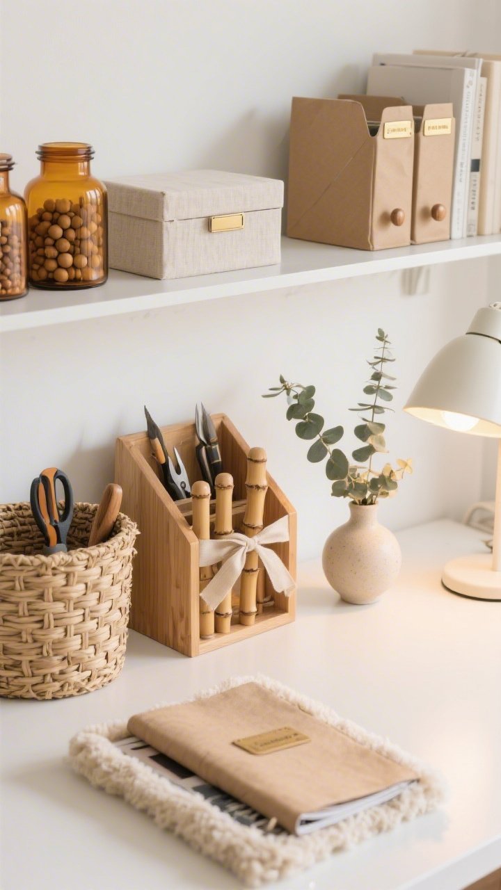 Closeup detail shot: Warm natural minimalist retreat textures—white, oat, and warm wood tones. A bamboo desk organizer with neatly arranged tools beside amber glass jars filled with beads on a slim floating shelf. Woven seagrass basket weave, linen-look lidded boxes with subtle texture, and kraft-paper-wrapped magazine files with brass bookplates. Wooden dowels strung with ribbon and a soft shearling cushion edge in frame. A small eucalyptus bundle in a ceramic bud vase softly lit by a gentle, dimmable desk lamp. Calm, airy lighting, photorealistic.
