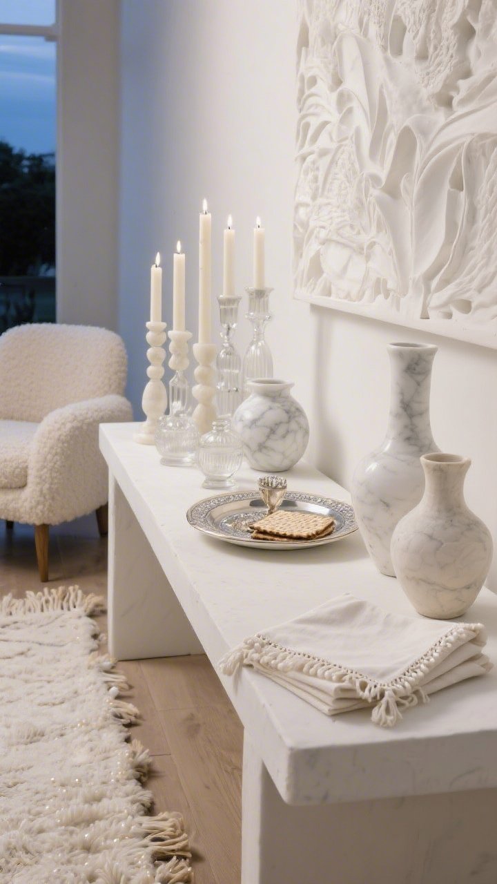 Closeup detail shot, White-On-White Sanctuary: a plaster-look console with a crisp white runner; arrangement of alabaster candlesticks, a marble seder plate, and neatly folded linen matzah covers with delicate hemstitching; layered glass and ceramic vessels in varying heights forming a subtle skyline; background hints of bouclé accent chair texture and a nubby chalk-white wool/sisal rug; tone-on-tone relief artwork softly visible; evening setting with ethereal, quiet glow reflecting off white, cream, and pearl textures; photorealistic.