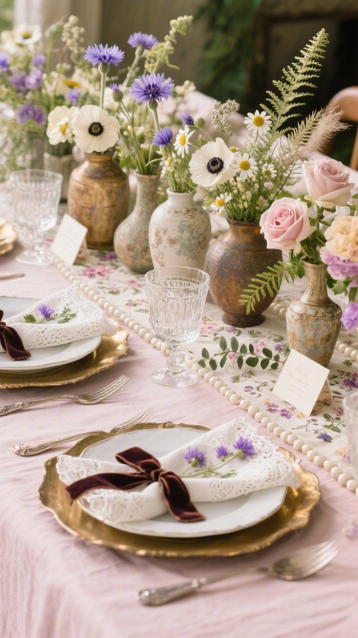 Closeup detail shot: Wildflower cottage romance textures and florals. Soft blush tablecloth under a micro-floral runner. White beaded-edge plates on antique brass chargers. Lace-trimmed napkins tied with velvet ribbon. A cluster of mismatched vintage vases holding cornflowers, chamomile, anemones, garden roses, with feathery ferns and seeded eucalyptus tucked between. Pressed-flower place cards and cut-crystal glass catching gentle light; glimpse of heirloom silver flatware. Soft blush, cream, soft lilac, and antique brass palette. Warm, sentimental afternoon light, photorealistic.
