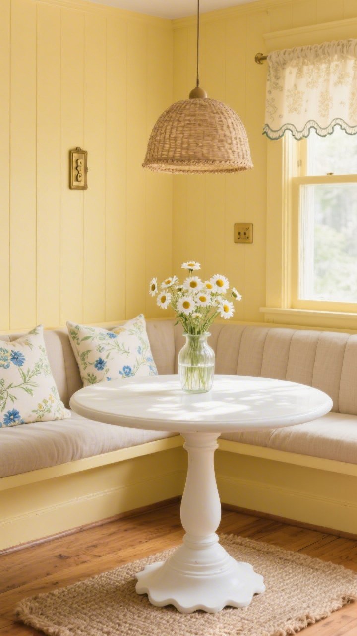 Closeup/detail, table-level perspective: Buttercream yellow breakfast nook wall as backdrop, glowing softly. White pedestal round table with dappled light from a woven dome pendant above. Edge of a built-in banquette upholstered in oatmeal linen with pillows in spriggy floral prints of sage and cornflower blue. Vintage milk-glass vase filled with daisies on the tabletop. Glimpse of scalloped-edge café curtains and aged brass switch plate on the buttercream wall. Honey oak flooring with a scalloped jute rug peeking beneath. Cozy, cheerful mood, photorealistic.